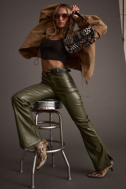 Ryland Olive Vegan Leather Flare Pants